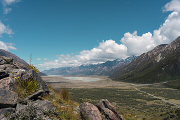 Landscape of valley with mountain range and Tasman river view. Aoraki, Mount Cook National Park....