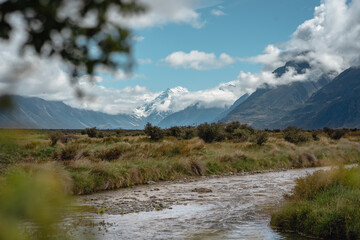 Tasman river with amazing view of Mount Cook behind. New Zealand landscape