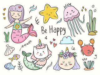 Set of cute cat mermaid doodle illustration drawing cartoon for kids coloring and print