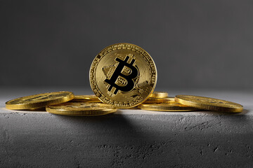 Pile of Bitcoins on edge of concrete cement stone surface and background.  Sharp focus on the coins and foreground. Gold on greyscale background.
