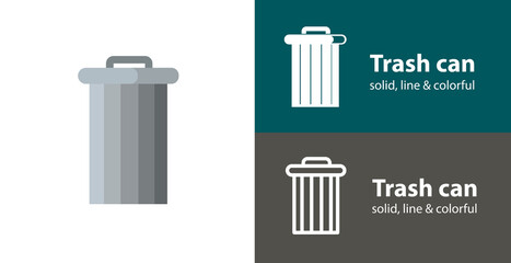 Trash can isolated vector flat icon with Trash solid, line icons