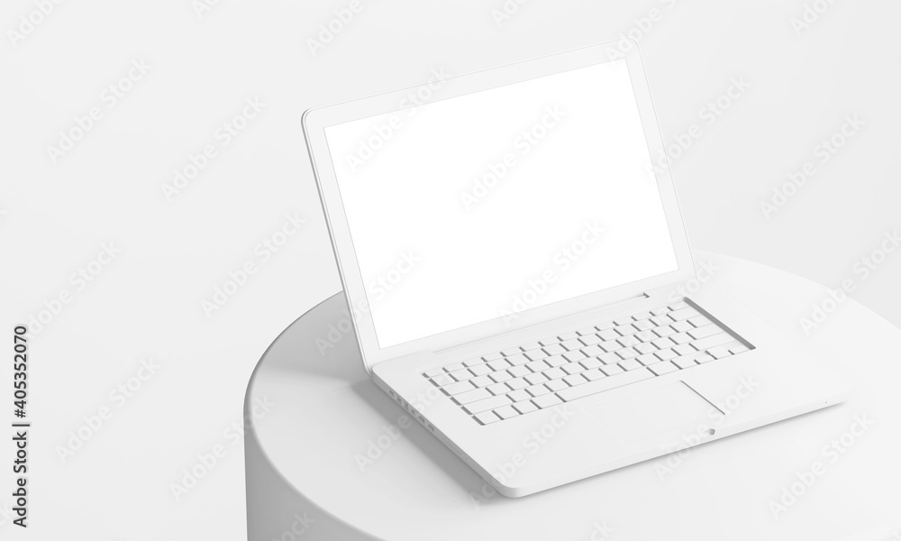 Poster minimal white clay laptop on circular podium with blank empty screen display 3d illustration renderi