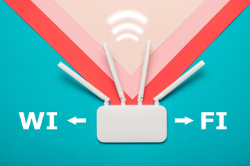 Wi-Fi router with a signal icon on a multi-colored background.
