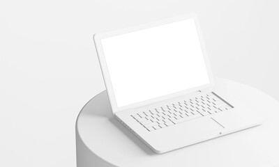 minimal white clay laptop on circular podium with blank empty screen display 3d illustration rendering in third composition perspective view - obrazy, fototapety, plakaty