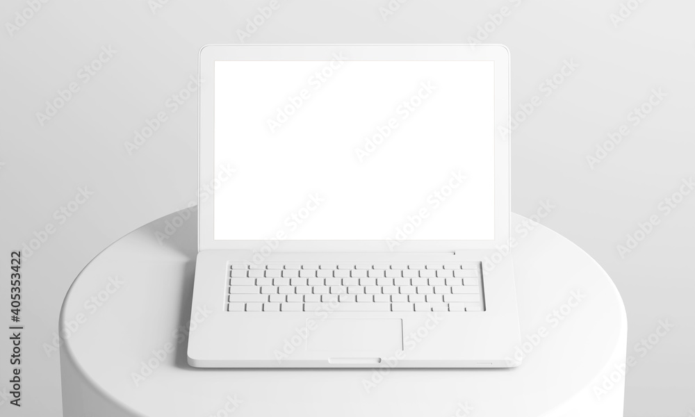 Poster front view grey clay mobile laptop on cylinder podium with empty space screen monitor 3d render in c