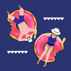 Illustration vector flat cartoon of couple love honeymoon scene relaxing by pool or ocean at beach of hotel or resort on summer trip. Luxury lifestyle of anniversary celebration of wife and husband. 