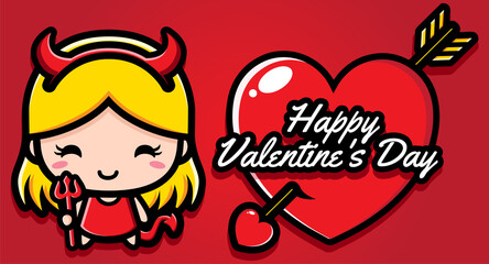 Cute devil girl character design on valentine's day happy greeting card