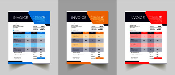 Invoice minimal design template. Bill form business invoice accounting. Modern and creative corporate business invoice template | Company business invoice template with color variation bundle