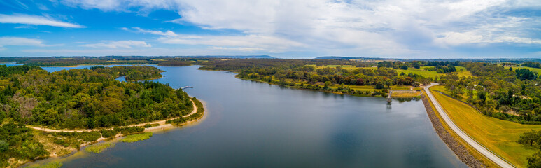 Fototapeta na wymiar Wide aerial panorama of Devilbend Reservoir Lake on Mornington Peninsula, Victoria, Australia