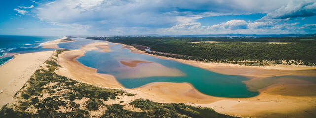 Obraz premium Aerial panoramic landscape of Snowy River Estuary. Marlo, Victoria, Australia
