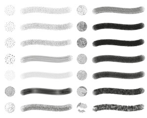 Set of 14 fixed and random scatter brushes + symbols (sprayer) + editable templates vector in dot grunge pattern. Created using AI CS6.