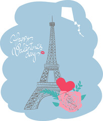 Fototapeta na wymiar Eiffel Tower with flowers and hand lettering Happy Valentine's Day on a blue background. Valentine's card. Vector illustration