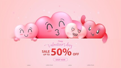 Happy valentine's day greeting poster or banner sale 50% off. promotion and shopping template, 3D sweet hearts on pink background.