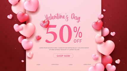 Fototapeta na wymiar Happy valentine's day greeting poster or banner sale 50% off. promotion and shopping template, 3D sweet hearts on pink background.