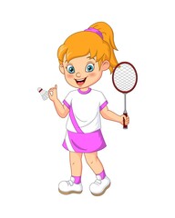 Happy little girl playing badminton