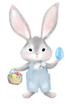 A sweet baby bunny in clothes with a basket of Easter eggs is holding a decorated blue egg in its paw. Digital illustration isolated on white background, watercolor or pastel, cartoon character
