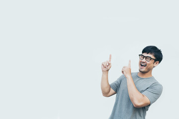 adult asian man.young male person wear eye glasses.posing smiling laughing look excited surprised thinking positive happy.empty,copy space for text advertising.white background.attractive fashion