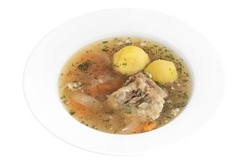 Delicious stew of beef in broth with vegetables. Restaurant serving concept. Isolated.