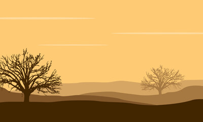 Nice scenery trees and mountains at sunset in the desert. Vector illustration