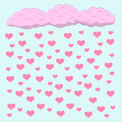 Rain in the shape of hearts. Illustration for Valentine's Day. Pink clouds, pink hearts on a blue background.