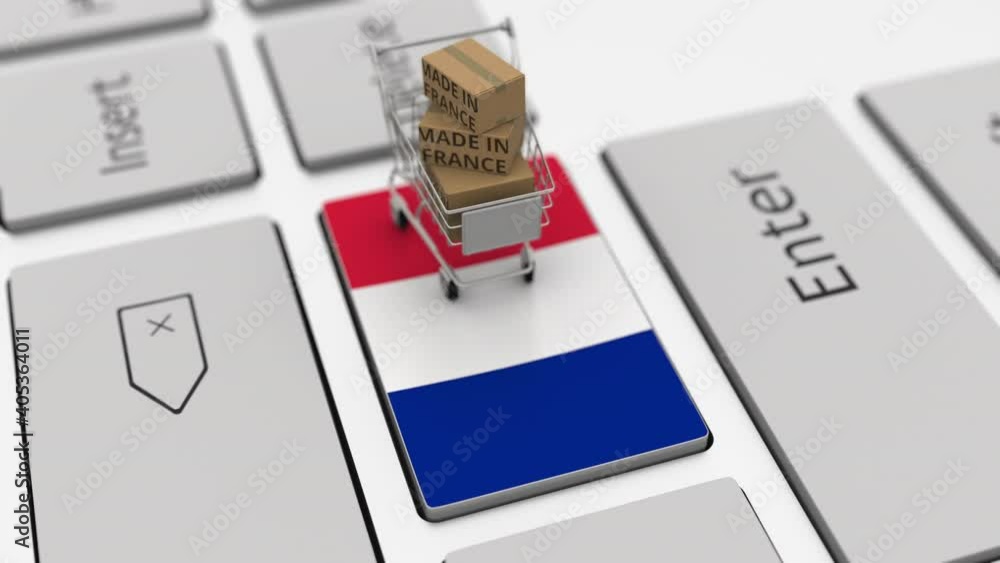 Aufkleber boxes with made in france text and shopping cart on the keyboard. conceptual looping 3d animation