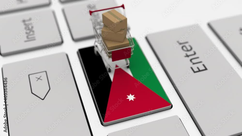 Poster shopping cart on the keyboard key with flag of jordan. looping ecommerce related 3d animation