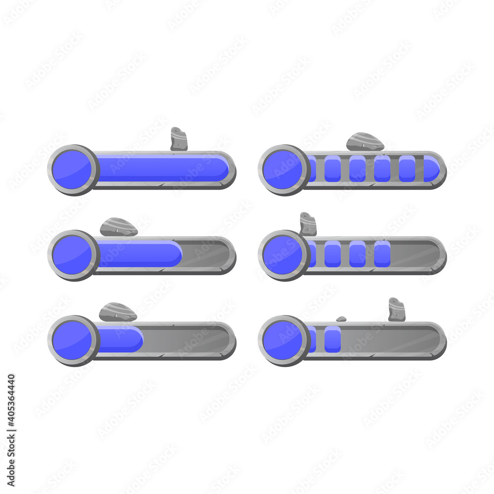 Poster set of game ui stone rock currency coins progress bar with 2 style for gui asset elements vector ill