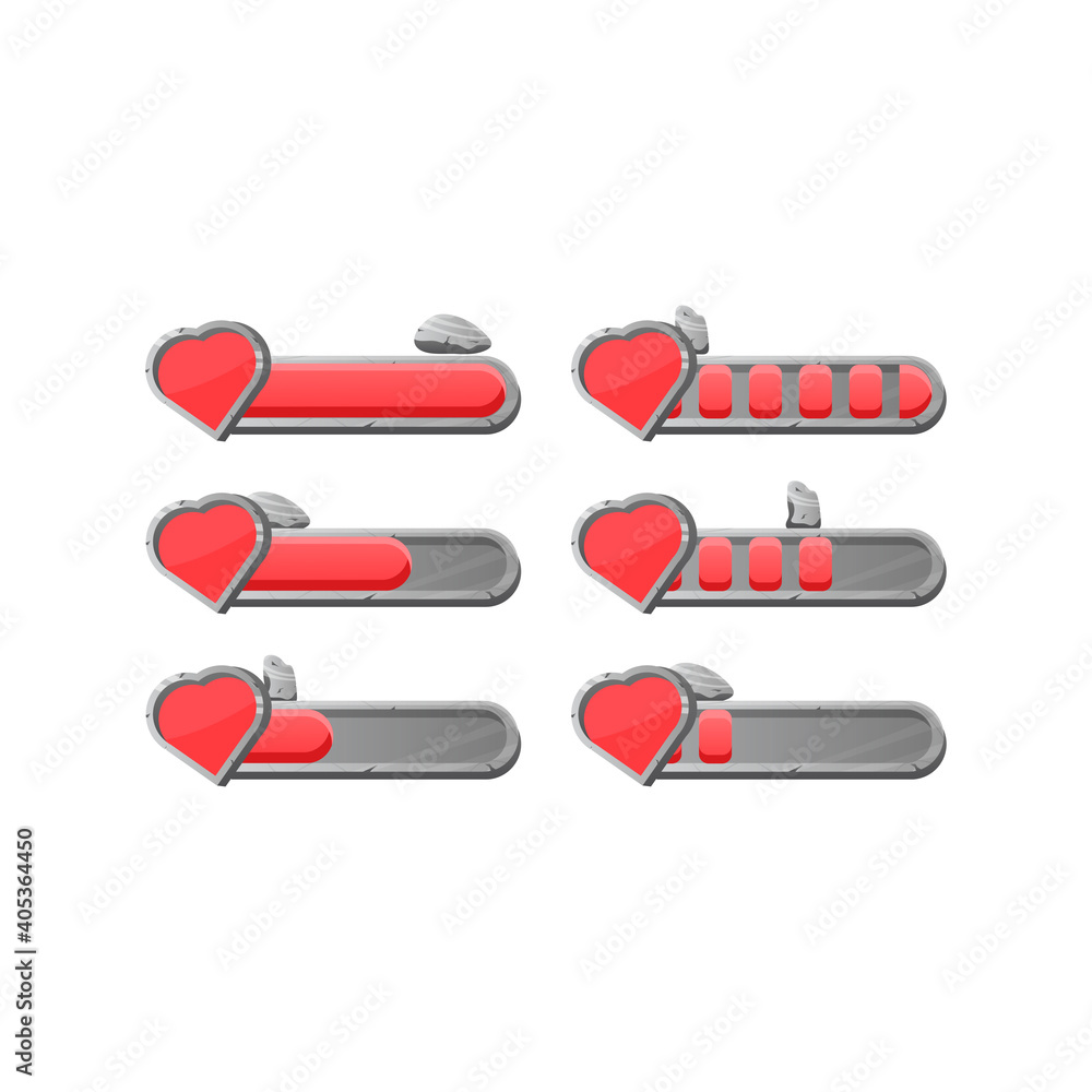 Poster set of game ui stone rock health life progress bar with 2 style for gui asset elements vector illust