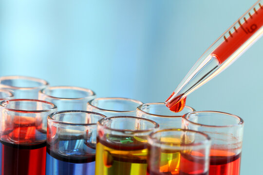 Close-up Of Colorful Chemicals In Test Tubes At Laboratory