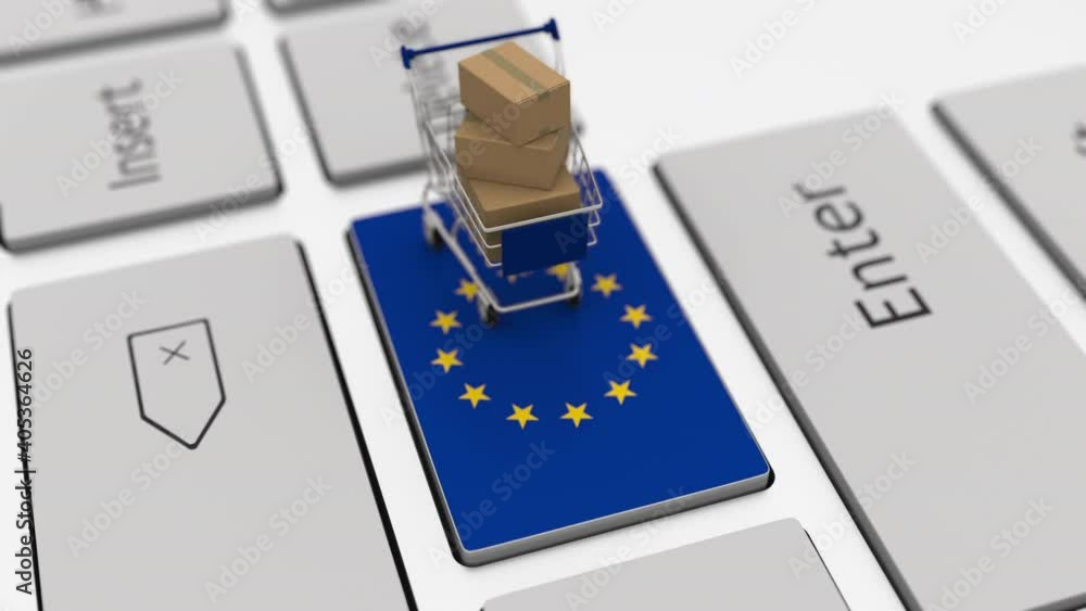 Poster key with flag of the european union and shopping cart with boxes, looping internet business related 