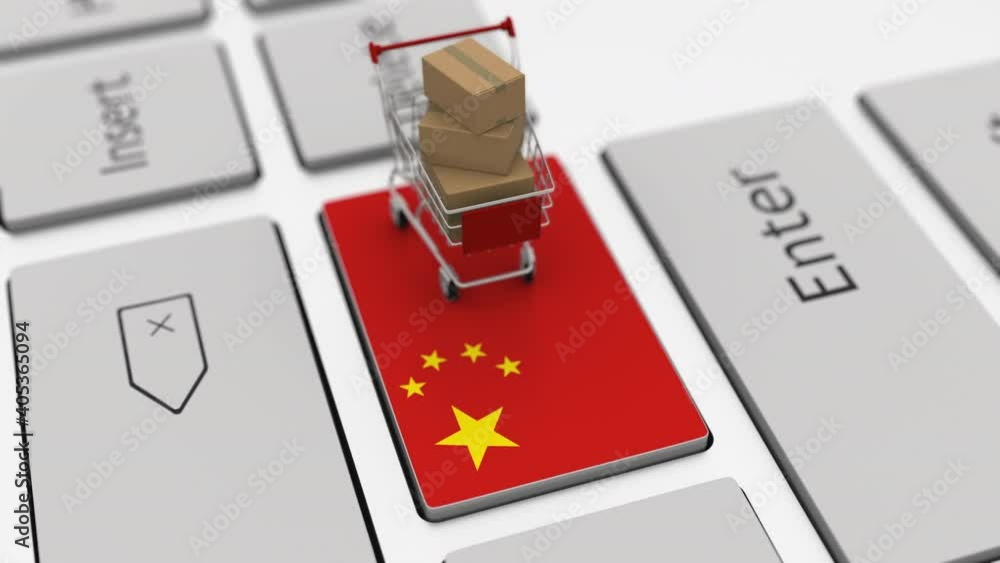 Poster key with flag of china and shopping cart with boxes, looping internet business related 3d animation
