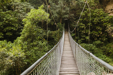 Suspension bridge in the middle of the forest on a cloudy day - suspension bridge in a natural park in Guatemala