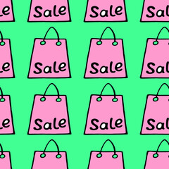 Vector seamless pattern with inscriptions and symbols Sale. Hand drawn background and texture on theme of Black Friday, discounts, shopping and special offers