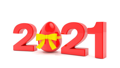 3d Illustation - Frohe Ostern - Jahreszahl 2021 in rot mit der Zahl Null als Osterei, auf weißem Hintergrund - Oster