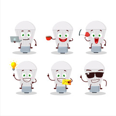 Led cartoon character with various types of business emoticons