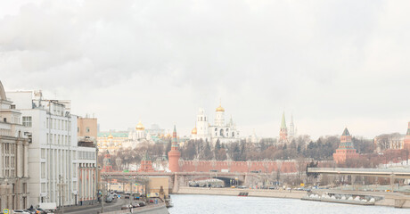 Moscow, Russia.  River, The Kremlin wall (east and southside) , towers, temples. Bolshoy Moskvoretsky bridge.