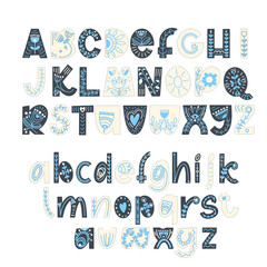 Hand drawn latin alphabet in scandinavian style. Folk art font with flower and leaves ornament. For typography poster, card, label, banner design.