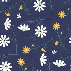Foto op Plexiglas anti-reflex Floral seamless pattern. White chamomile or daisies on a blue background. Bees collect honey. Endless ornament for textile, wallpaper, wrapping paper.Case, fitness bracelet, napkins.Flat style. Vector © TaMih