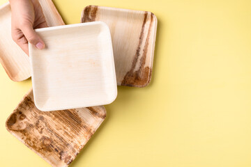 Hand holding betal palm leaf plate (Biodegradable, Compostable, Disposable or Eco friendly plate) on yellow background, Sustainable concept