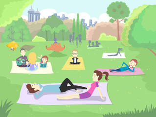 Obraz na płótnie Canvas Man Girl Spring Picnic Park Relax Illustration