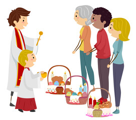 People Easter Basket Bless Priest Illustration