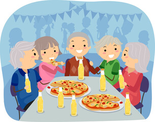 Stickman Senior Eat Pizza Fest Table Illustration