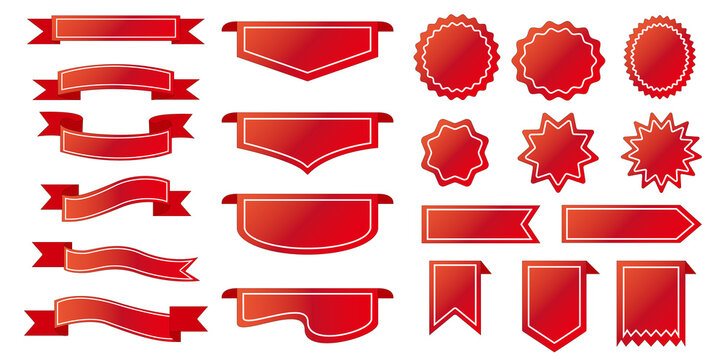 Set of red label icons. Red ribbon with white line illustration for web, advertising and graphic design. Vector illustration. 赤ラベルイラスト、赤リボンイラスト、赤ラベルアイコン、POP、販促、ウェブデザイン素材