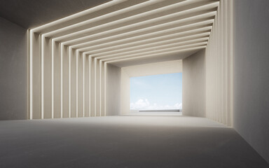 Abstract interior design 3D rendering of modern showroom. Empty floor and concrete wall with wall light and blue sky background.