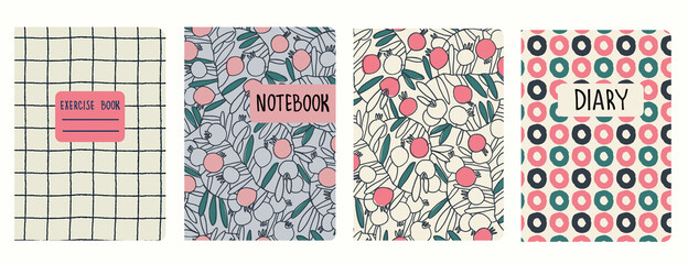 Set of cover page vector templates based on floral patterns with pomegranates, plaid pattern and pattern with hand drawn rings. Perfect for exercise books, notebooks, diaries, presentations