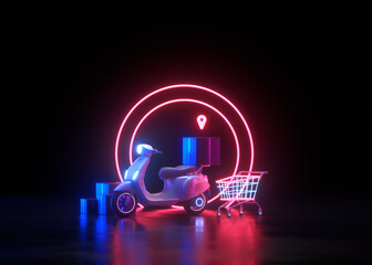 3D Neon Online shopping and free delivery service concept, neon light background. 3d render illustration
