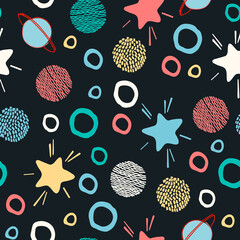 Seamless pattern. Outer space concept. Hand drawn vector illustrations of stars and planets in cartoon style on dark backround