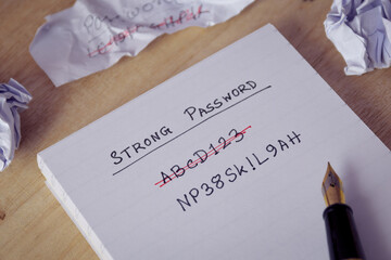 A person's choice of strong password with long alphanumeric character and symbols handwritten in notebook. Concept of securing personal data from being hacked, selective focus.