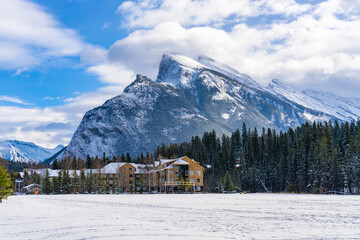 Banff Recreation Grounds in snowy winter. Banff National Park, Canadian Rockies, Alberta, Canada.