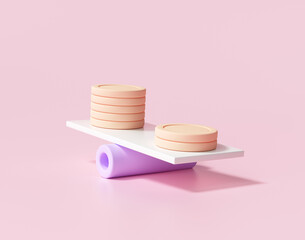 3D Minimal Coins stacks on weighing scales, financial management, financial analysis, money-saving and money exchange concept. 3d render illustration